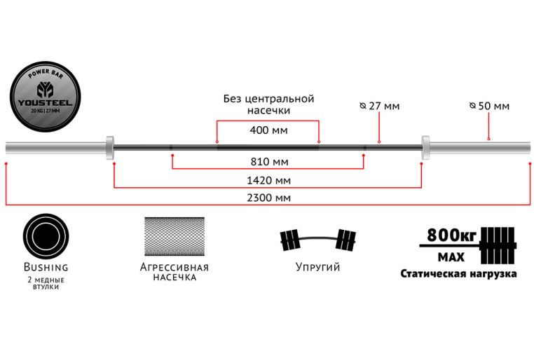 Гриф Power bar 20kg YouSteel D27, L2300, хром+ хром фото 4