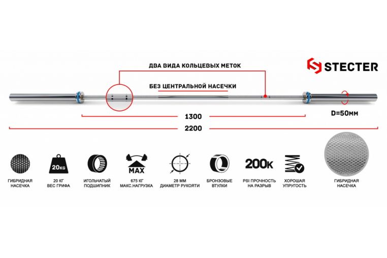 Гриф для штанги Stecter L220 см D50мм Men`s Hard Bar 20 кг 2186 фото 7