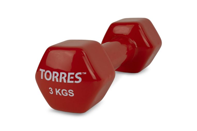Гантель 3 кг Torres металл в виниловой оболочке, форма шестигранник PL522205 красный 