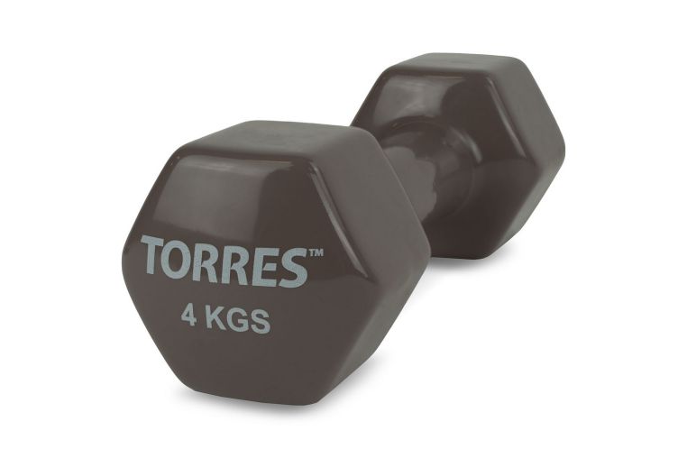 Гантель 4 кг Torres металл в виниловой оболочке, форма шестигранник PL522206 темно-серый 