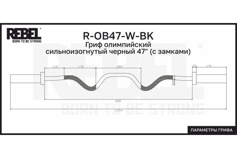 Гриф олимпийский сильноизогнутый черный 47" с замками REBEL R-OB47-W-BK фото 2