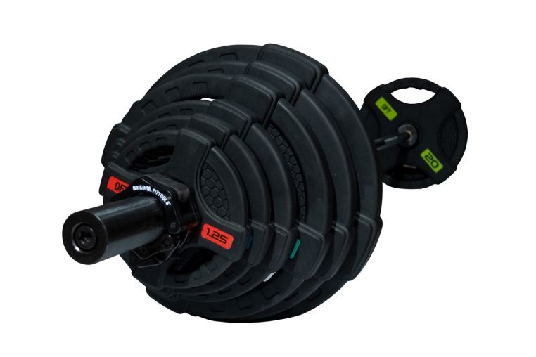 Штанга олимпийская 128 кг Original Fit.Tools диски с двумя хватами, черный гриф фото 2