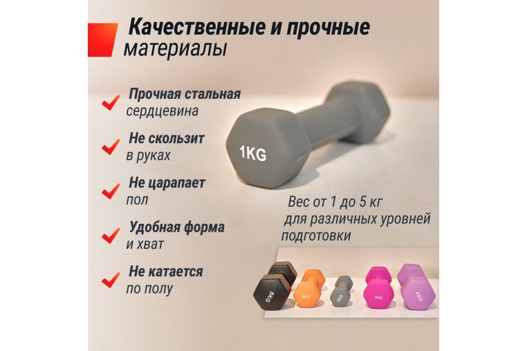 Гантель неопреновая 1кг UnixFit DBNEO1GY Grey фото 4